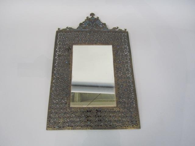 A46-11 INDIAN BRASS & ENAMEL MIRROR: 19th Century. Measures 14" wide x 23" tall. Estimate $200 - $500. Starting Bid $200