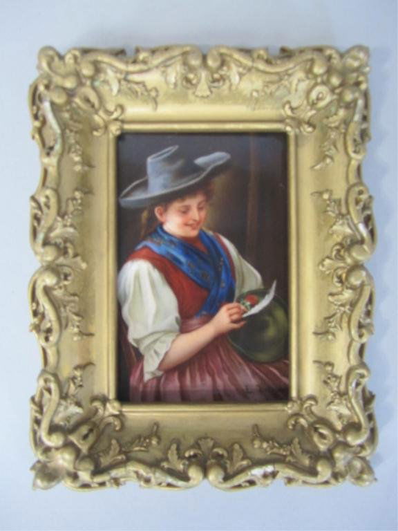 H80-18 BERLIN KPM PLAQUE SIGNED E. DIRTRICH: 19th century. Measures 9 1/4" tall x 7" wide with frame. Estimate $800 - $1,200 Starting Bid $400