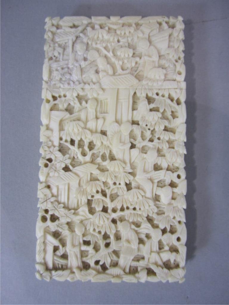NY110 CHINESE IVORY CARD CASE: 19th century. Measures 3 1/4" x 1 3/4". Estimate $500 - $1,500 Starting Bid $200