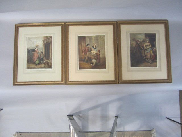 H20-1 SUITE OF 3 CRIES OF LONDON STIPPLE PICTURES: After Francis Wheatley. Measures 26" x 21" with frame. Estimate $300 - $500 Starting Bid $100