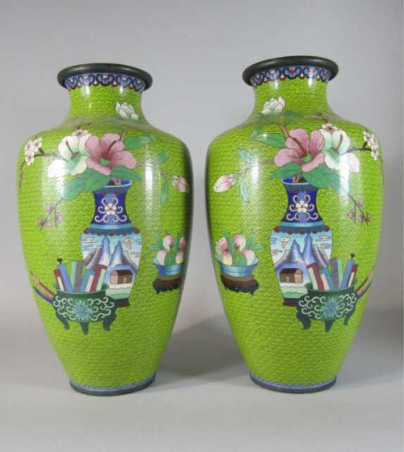 NY55 PAIR OF CHINESE CLOISONNE VASES: Circa late 19th/early 20th century. Measures 15" tall. Estimate $650 - $900 Starting Bid $325