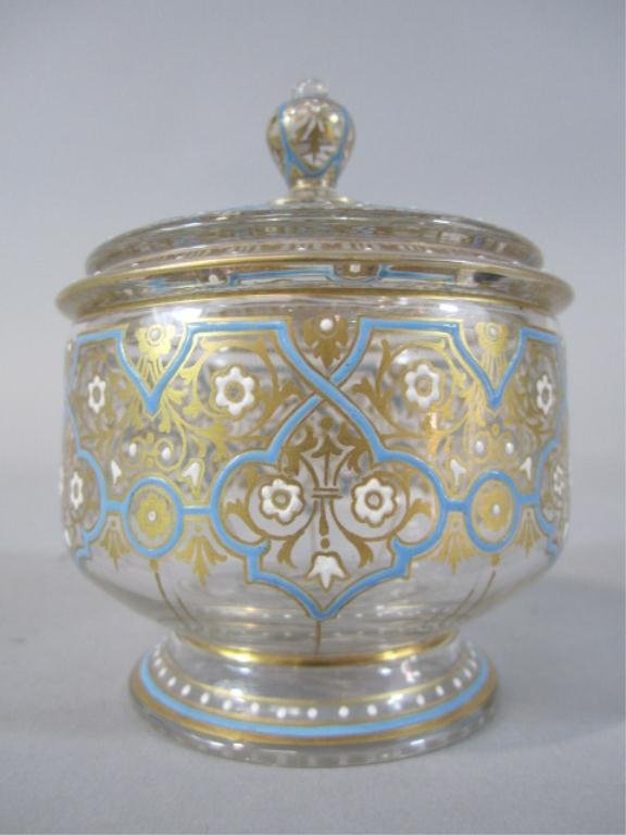 H80-101 LOBMEYER ISLAMIC DESIGN JAR & COVER: 19th century. Measures 4 1/2" tall Estimate $800 - $1,200 Starting Bid $400
