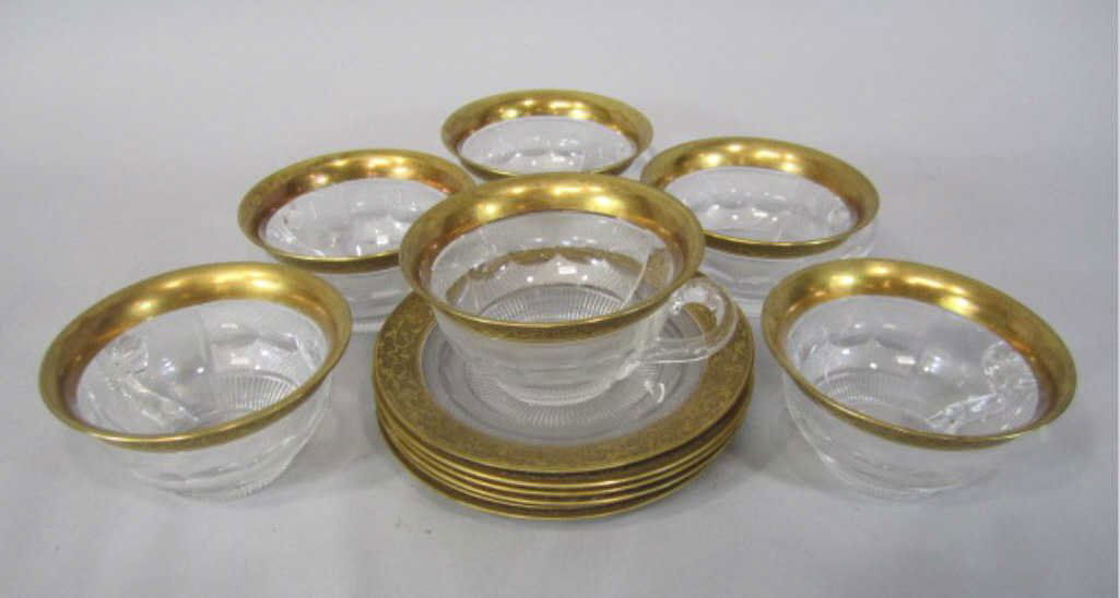H80-199 SET OF 6 MOSER SPLENDID GOLD SHERBERTS: With under plates. Measures 4 3/4" diameter. Estimate $600 - $800 Starting Bid $300