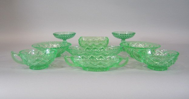 H25-74 GREEN DEPRESSION GLASS: Total of 9 pieces. Estimate $50 - $100 Starting Bid $20
