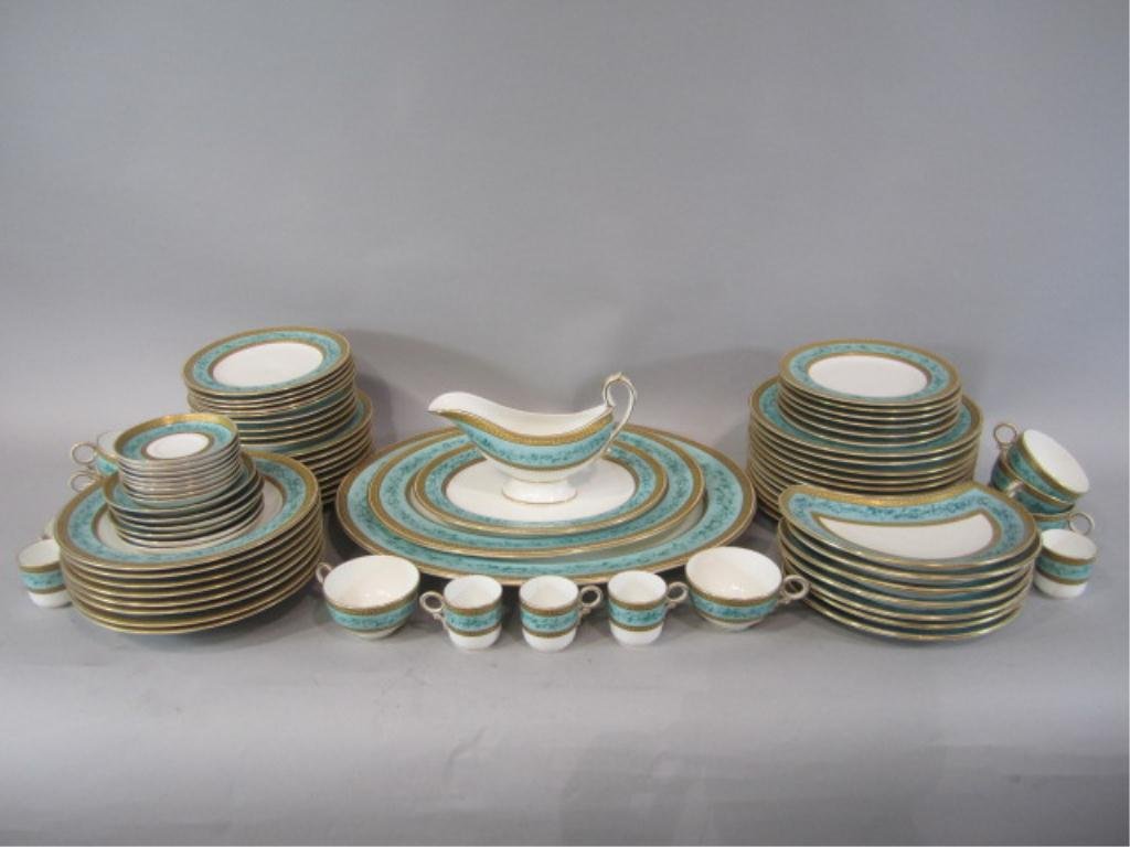 H32-3 SET OF ROYAL WORCESTER CHINA: Made for Tiffany & Company New York. Includes 12 plates (one has heat damage), 8 bowls, 8 salad plates, 15 dessert plates, 8 cups, 6 saucers, 7 tea cups, 8 saucers, 8 salad dishes, 3 serving platters,