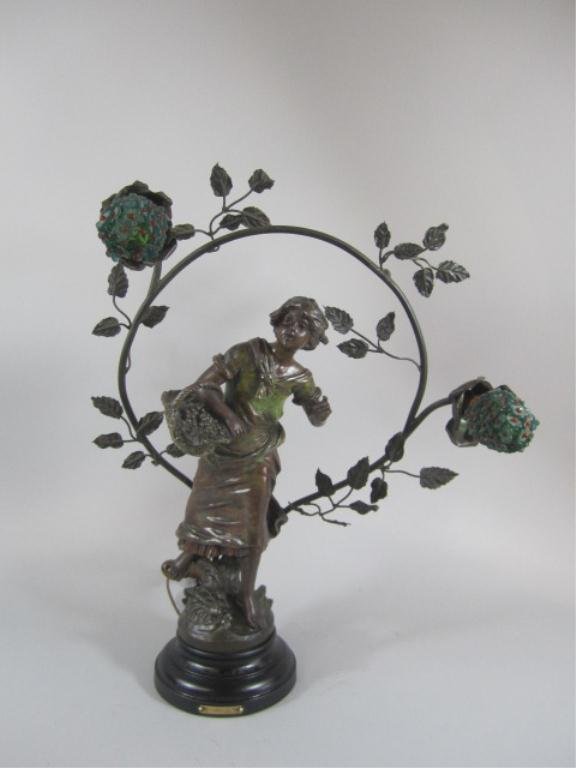 A4-2 FRENCH LADY LAMP WITH GLASS BULB COVERS: Mixed metal figure s signed "Moreau" and stamped "France". Custom made lamp measures 22" tall. Estimate $400 - $600 Starting Bid $200