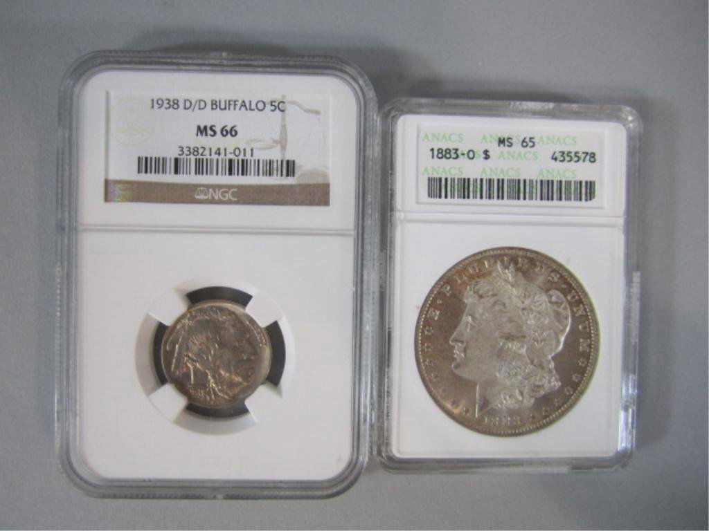 C6-24 GROUP OF 2 COINS: Including 1938 D/D Nickel Mint Error NGC MS66 and 1883 O Mrgan Dollar ANACS MS65. Estimate $220 - $450 Starting Bid $110