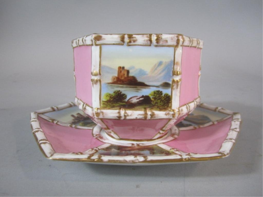 H70-6 ENGLISH CUP & SAUCER: Rare four panel Harbor scene with mustache cup. Artist signed "F. Keller". Circa 1860. Cup measures 3" tall and saucer 6 1/2" diameter. Estimate $200 - $400 Starting Bid $50