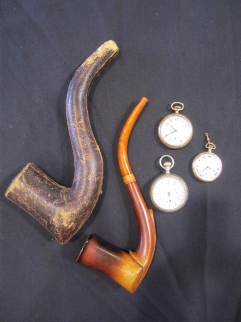 A35-18 OLD PIPE & THREE POCKET WATCHES: Including wooden pipe (10" long) with fitted leather case, Elgin, Illinois, and Hampden Watch Company pocket watches. All Sold AS IS. Estimate $200 - $300 Starting Bid $50