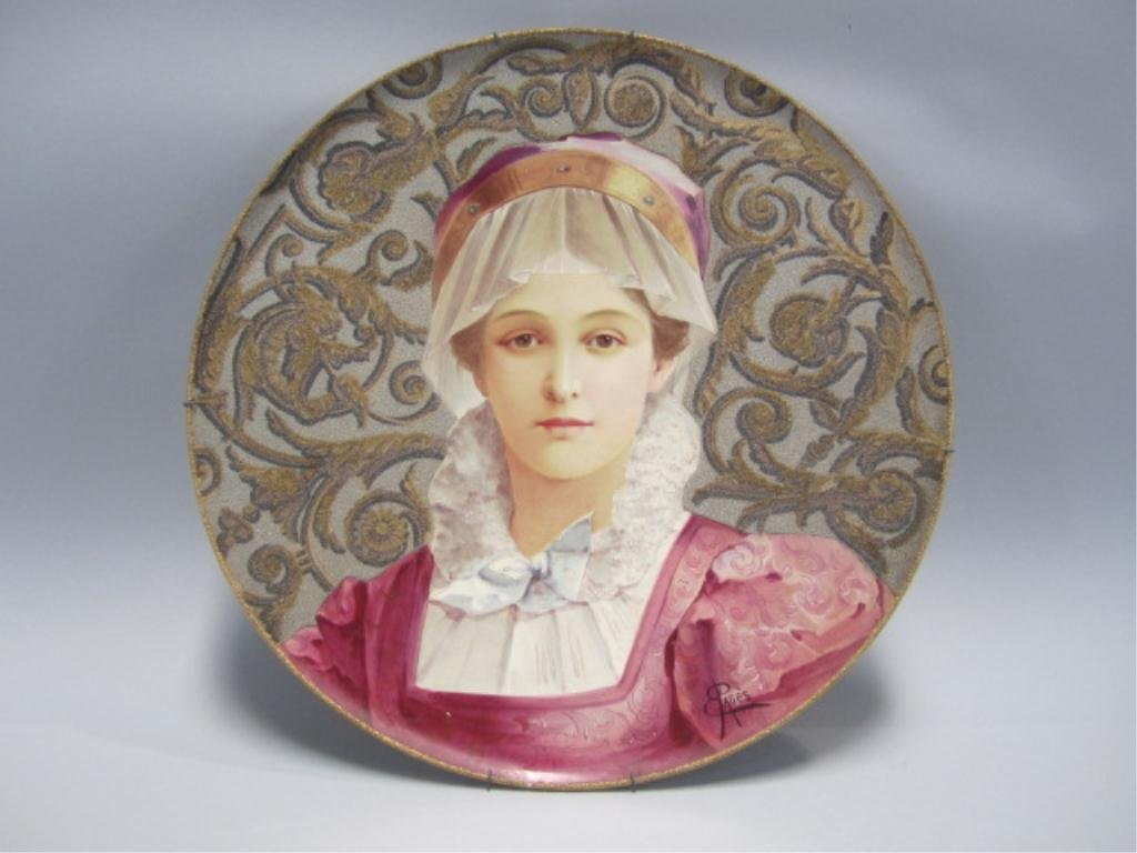 A75-8 HAND PAINTED PORCELAIN CHARGER: Signed Eugene Pages. Measures 20 1/4" diameter. Estimate $2,000 - $3,000 Starting Bid $800