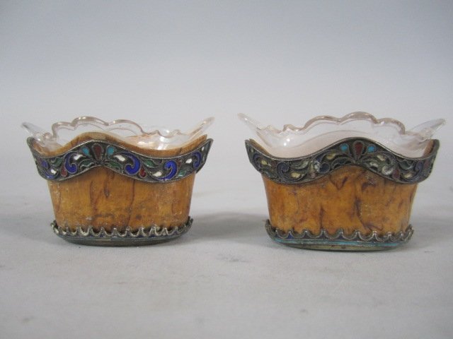 A44-26 PAIR OF RUSSIAN SALTS: Silver enameled and birch wood with crystal inserts. Measures 1 3/8" x 2 1/4". Estimate $800 - $1,200 Starting Bid $300
