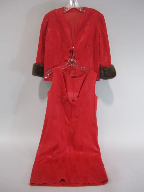 E14-3 VINTAGE 1960s DRESS & JACKET BY LEE CLAIRE: Red short sleeveless boat neck dress with v-back with matching jacket with mink trim. Approximate size 8. Estimate $150 - $300 Starting Bid $30