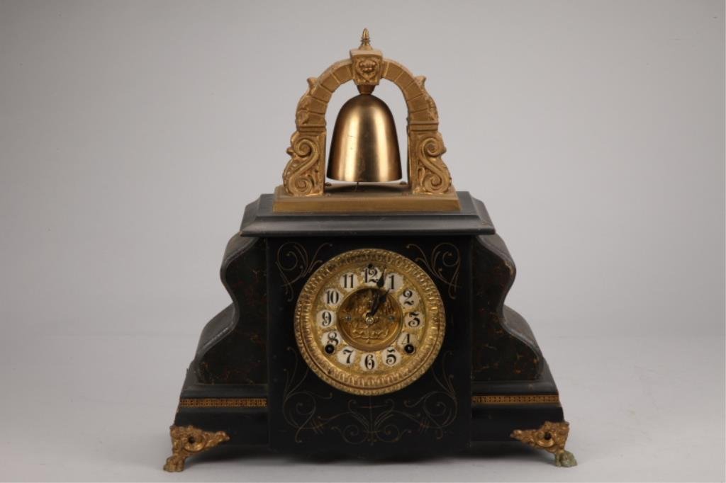 A89-4 GILBERT OUTSIDE BELL MANTLE CLOCK: Measures 18" tall x 16" wide. Fair condition. Estimate $50 - $100 Starting Bid $25
