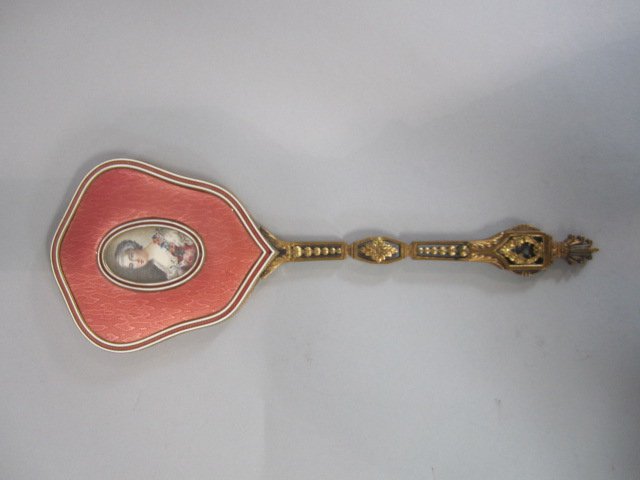 C45-81 FRENCH BRONZE & ENAMEL IVORY MIRROR: Hand painted. Measures 13" tall. Good condition. Estimate $300 - $400 Starting $150
