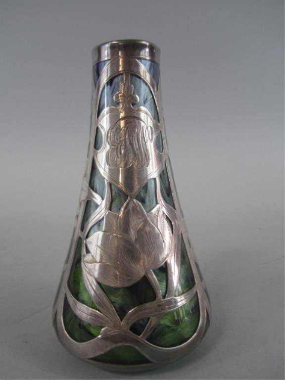 A44-23 LOETZ TITANIUM SILVER OVERLAY VASE: Measures 6 1/2" tall. Good condition with crack on bottom. Estimate $900 - $1,500 Starting Bid $400