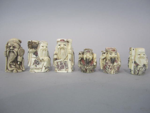 H30-36 SIX JAPANESE BONE NETSUKES: Largest measures 2" tall. Good condition. Estimate $200 - $300 Starting Bid $20