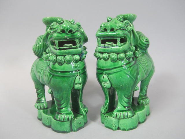 C45-1 PAIR OF CHINESE GREEN GLAZED FOO DOGS: Measures 6 1/2" tall. Good condition. Estimate $200 - $300 Starting Bid $50