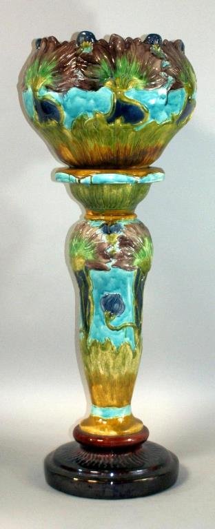 A45-14 ART NOUVEAU MAJOLICA JARDINIERE W/ PEDESTAL