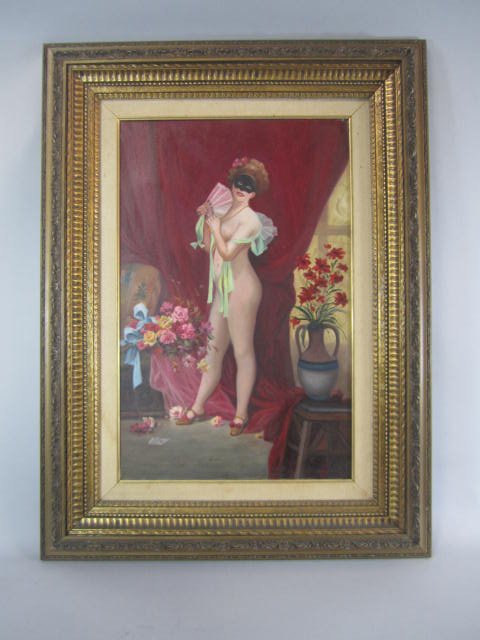 A45-32 NUDE LADY WITH FAN & MASK OIL PAINTING