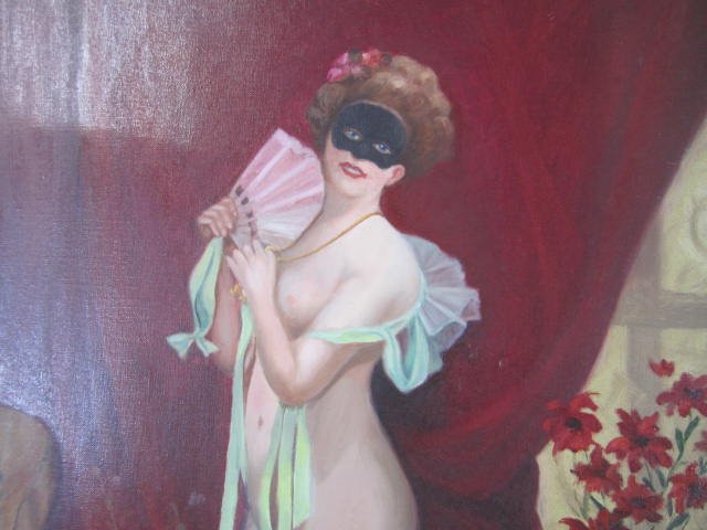 A45-32 NUDE LADY WITH FAN & MASK OIL PAINTING - 2