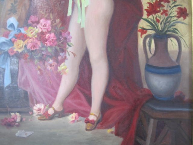 A45-32 NUDE LADY WITH FAN & MASK OIL PAINTING - 3
