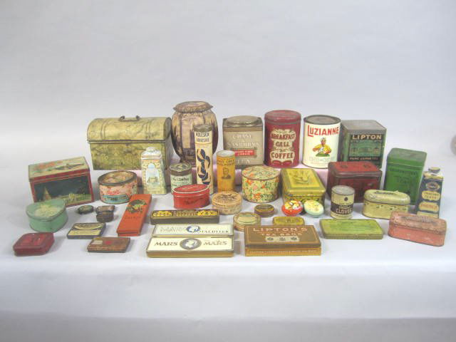 J11-7 LARGE COLLECTION OF VINTAGE ADVERTISING TINS: Including assorted tea tins, pencil boxes, (one Jackie Cogan), Victrola needles, Save, Egyptian Bouque, Waltham Main Springs, Ajax Main Springs, Kelly Springfield Tires, Linton Moist Gauze Johnson & J