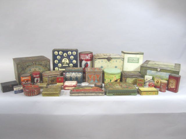 J11-8 COLLECTION OF VINTAGE ADVERTISING TINS: Including WWI 1914 brass gift box, Chatsworth Short Cakes, Verona Cookies, Baking tins, Robert Kennedy tin, Packer's Tar Soap, Famous Cake Box, Quick Loader by American Pan Company, and more. Total of