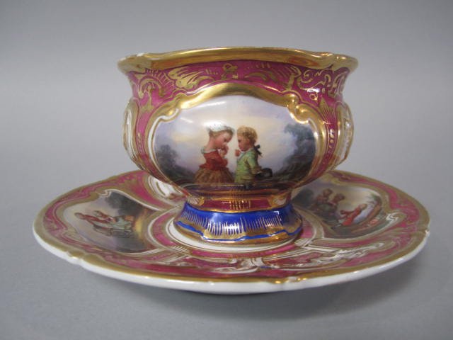 H70-6 MEISSEN GARDEN PORTRAITS CUP & SAUCER: 24k gold marked SPM - Schuwan porcelain of Meissen. Cup measures 2 3/4" and saucer 6". Good condition. Estimate $300 - $500 Starting Bid $100