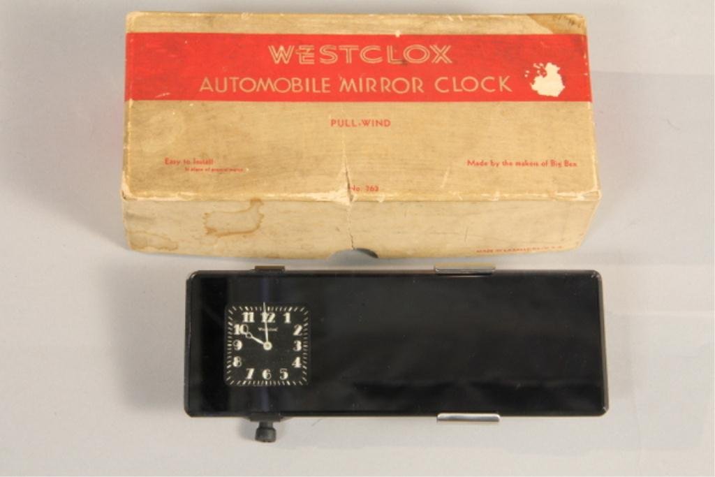 C78-26 Very Rare Car Rear View Mirror Clock: In original box. Measures 6 7/8" x 2 1/2". Good condition. Estimate $1,200 - $2,000 Starting Bid $200