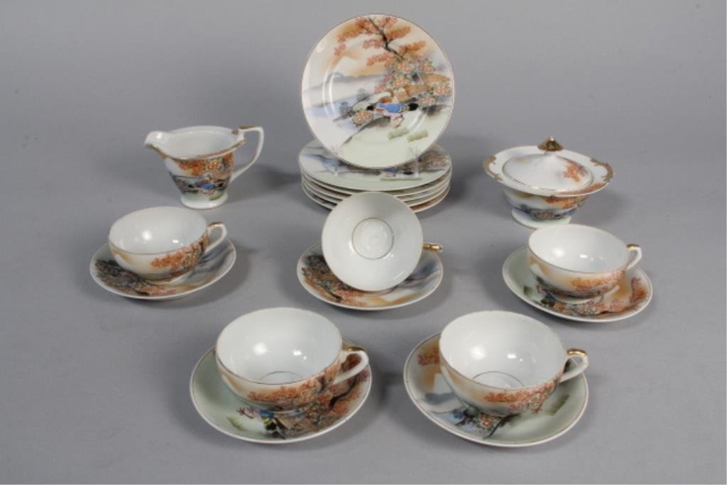 J19-3 Geisha Girl Lithopane Tea Set: Including 5 cups and saucers, 6 plates and cream and sugar. 7" wide. Good condition. Estimate $40 - $100. Starting Bid $20