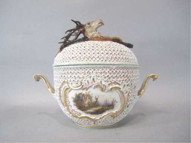 A84-8 Meissen Snowball Covered Tureen: 19th Century. Measures 12" tall. Few small chips on flowers. Estimate $5,000 - $15,000 Starting Bid $1,500