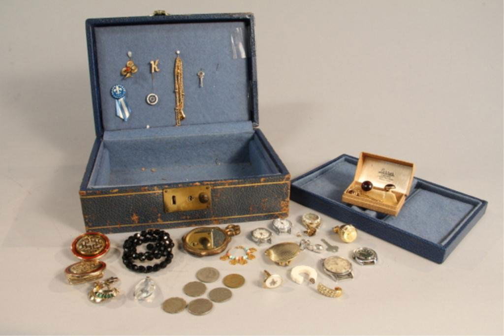 A45-12 Assorted Box of Costume Jewelry: One signed coro, 'dottie' belt buckle one watch pendant signed "Joan Rivers", 5 watch faces and many assorted pieces. Good Condition. Estimate $200 - $300. Starting Bid $20