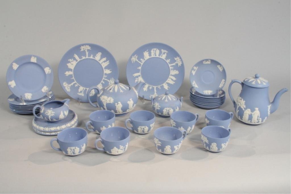 A45-16 Wedgwood Jasperware 32pc. Luncheon Set: Including coffee pot with under plate, teapot with under plate, creamer, sugar, 8 lunch plates, 2 pastry plates, 8 cups and 8 saucers. Good Condition. Estimate $800 - $1,200. Starting bid $50