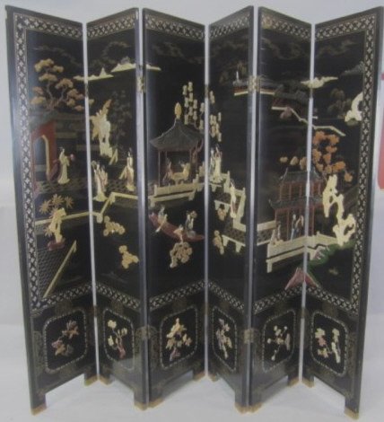 H87-37 Chinese Six Panel Screen: Measures 71" tall x 96" wide. Good condition. Estimate $300 - $400 Starting Bid $50**ALL PROCEEDS WILL BE DONATED TO UCLA FOR EPILEPSY RESEARCH IN MEMORY OF DR. ALFONSINA "NINA" DAVIES**
