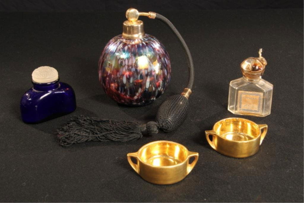 J23-19 Group of 5 Assorted Items: Including splatter glass perfume bottle, 2 Occupied Japan salts, cobalt medicine bottle, and Guerlain perfume bottle. Largest measures 4" tall. Good condition. Estimate $100 - $300 Starting Bid $20