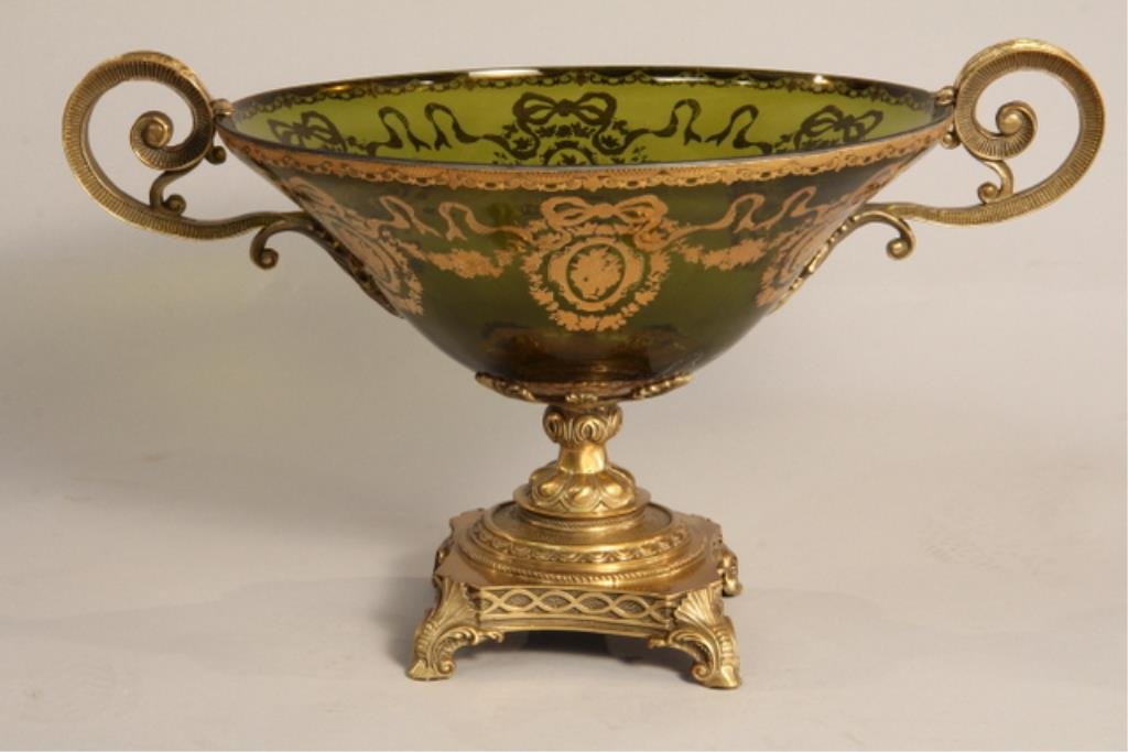 J23-30 Green Glass & Ormolu Center Bowl: With gold accents. Measures 9" tall. Good condition. Estimate $200 - $300 Starting Bid $50