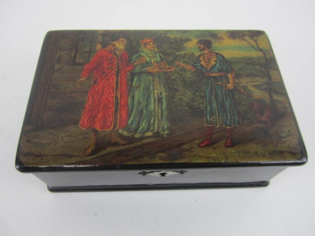 RUSSIAN ANTIQUE LACQUER BOX WITH KEY: Measures 2 1/4" Tall x 6 1/4" Long x 4" Wide. Estimate $300- $500. Starting Bid $200