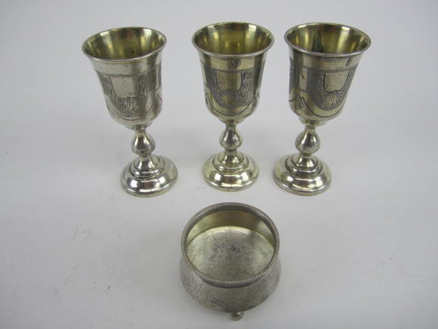 4 RUSSIAN ANTIQUE 84 SILVER ENGRAVED PIECES: 3 shot glasses dated 1879 & 1 salt shaker dated 1895. Shot glasses measure 3 3/4" Tall. Weighs 5.2oz. $400- $700. Starting Bid $350