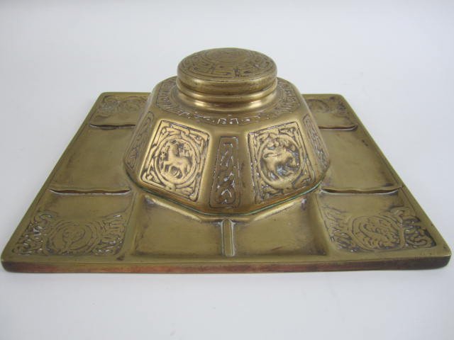 TIFFANY STUDIOS BRONZE INKWELL / PENHOLDER: Measures 4" tall x 9 7/8" x 10 3/4". Estimate $900. - $1,500. Starting bid $600