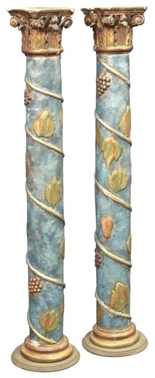PAIR OF ITALIAN POLYCHROMED PEDESTALS: With Grape And Vine Carvings And Corinthian Capitols, Circa 19th Century, 42 High, Column Width 5". Estimate $300 - $600 Starting Bid $200