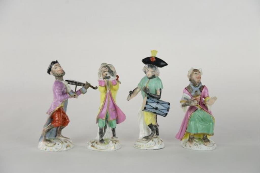 GERMAN MONKEY BAND FIGURES: 4 pieces, all as is. End of violin bow missing, singers finger tips missing on left hand, drummer missing bottom of tail and bottom of flute missing. Tallest Measures 6" Tall. Estimate $200- 300. Star