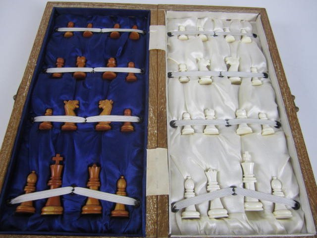 CHINESE IVORY CHESS SET: With box. Tallest measures 2 3/8" tall. Estimate $200 - $400. Starting bid $50