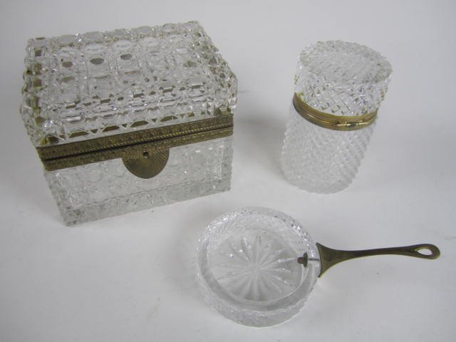 THREE PC. BACARAT STYLE BOXES & WASTE: Box measures 4 1/4" x 5 5/8" x4 1/8". Estimate $200 - $300. Starting bid $100