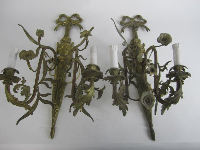 PAIR ANTIQUE WALL SCONCES: Measures 24 3/4" tall. Estimate $300 - $400. Starting bid $175