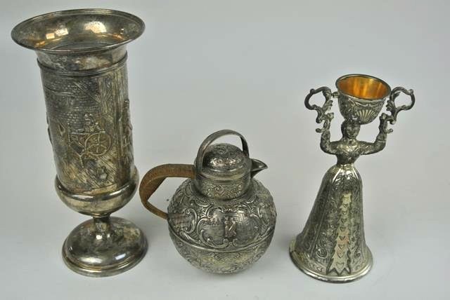 GROUP OF 3 SILVER PLATED ITEMS: Tea pot, marriage cup and vase. Tallest measures 10 1/4". Estimate $75- 100. Starting Bid $50.