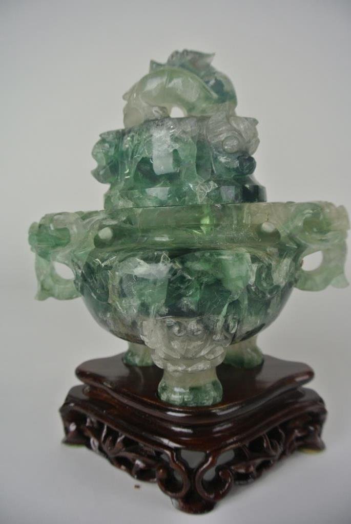 ROCK CRYSTAL INCENSE BURNER: Measures 8 1/4" with stand. Estimate $100- 200. Starting Bid $50.