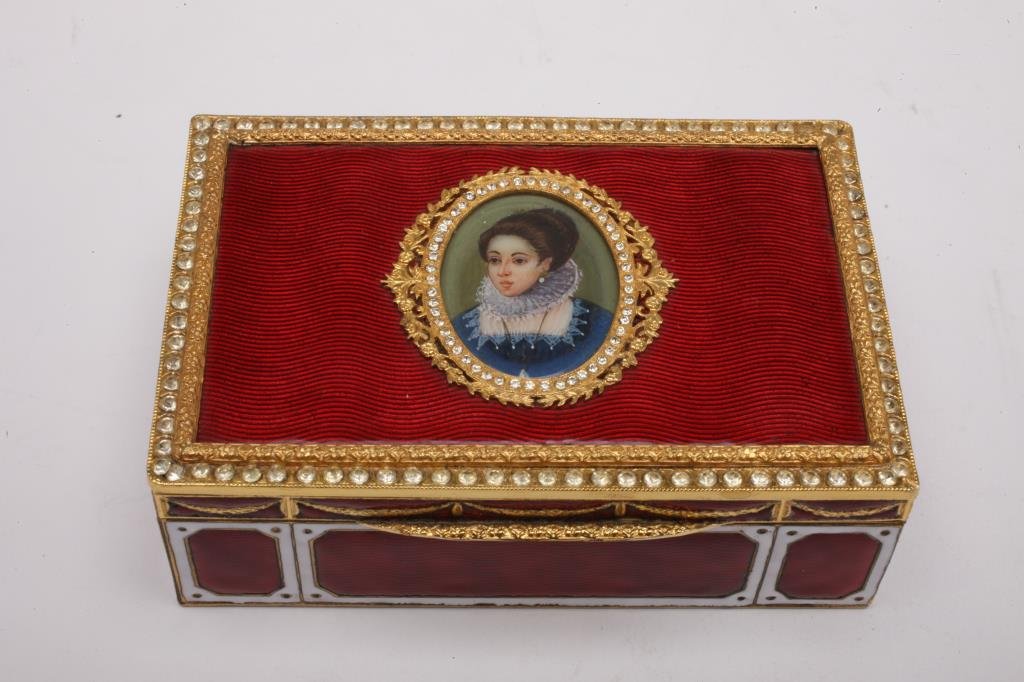 BH85 GUILLOCHE ENAMELED JEWELED BOX: Measures 3 3/4" x 2 1/2". Estimate $450 - $650 Starting Bid $10