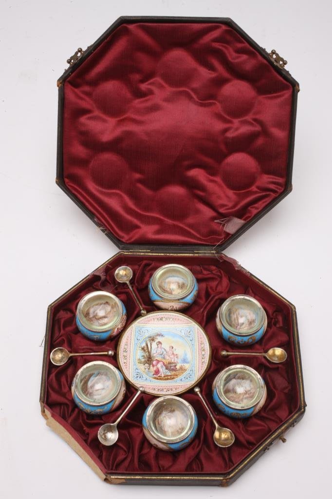BH82 19th CENTURY VIENNESE ENAMEL & SILVER SALTS: One missing spoon. Estimate $2,600 - $3,600 Starting Bid $10