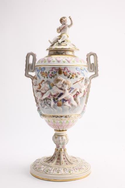 BH117 CAPODIMONTE VASE WITH COVER: Measures 12 1/2". Estimate $200 - $300 Starting Bid $10