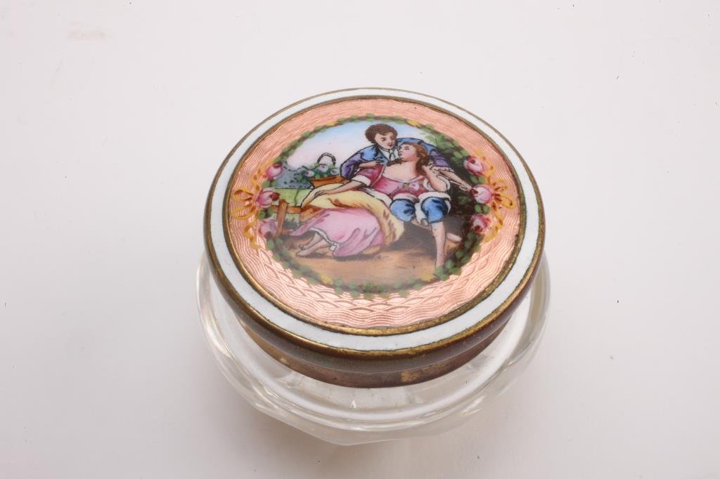 BH241 GUILLOCHE ENAMEL & CUT GLASS BOX: Estimate $100 - $200 Starting Bid $10
